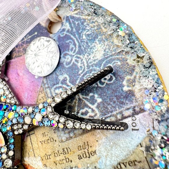 Handcrafted Ornament OOAK Collage Bird Gold & Blue Accents 3" Ribbon - Picture 8 of 10